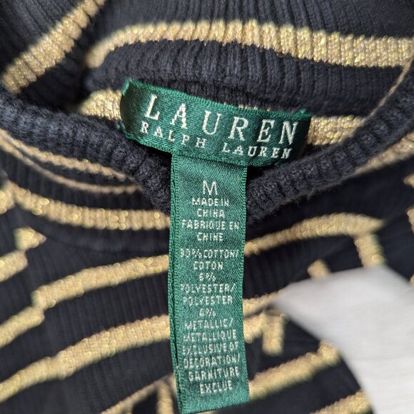 Lauren Ralph Lauren Black & Gold Tone Striped Ribbed Turtleneck Top Size Medium - Picture 7 of 12